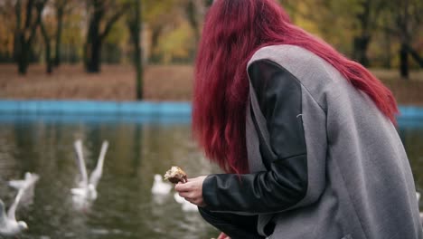 Vista-Posterior-De-Una-Mujer-Pelirroja-Con-Abrigo-Cálido-Alimentando-A-Las-Gaviotas-Junto-Al-Estanque-En-El-Parque-En-Otoño.-Toma-En-Cámara-Lenta