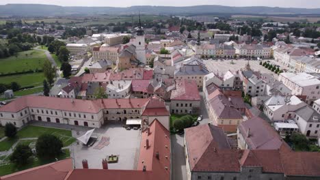 slow flight over the historical part of the city and the square in moravian třebová, czech republic