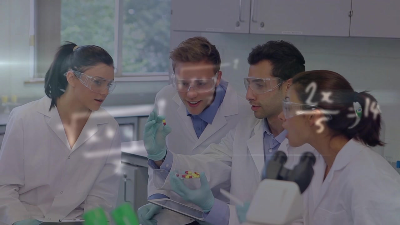 Research team lifting sample with forceps in lab, math overlay drifting across faces for analysis