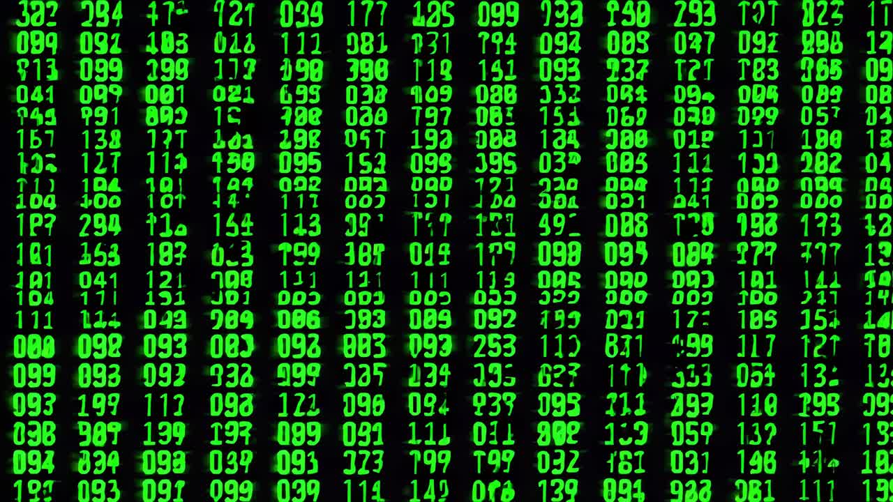A video still showing a matrix of green numbers on a black background, captured from a straight-on