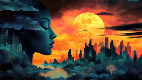 surreal cityscape at dusk with a woman's silhouette and moon