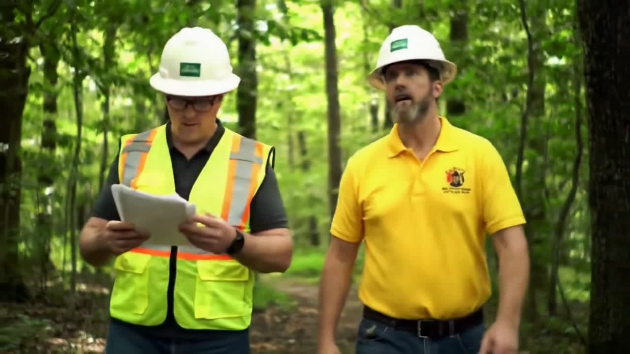 Two Engineers or Surveyors Walking and Discussing Plans in a Forest