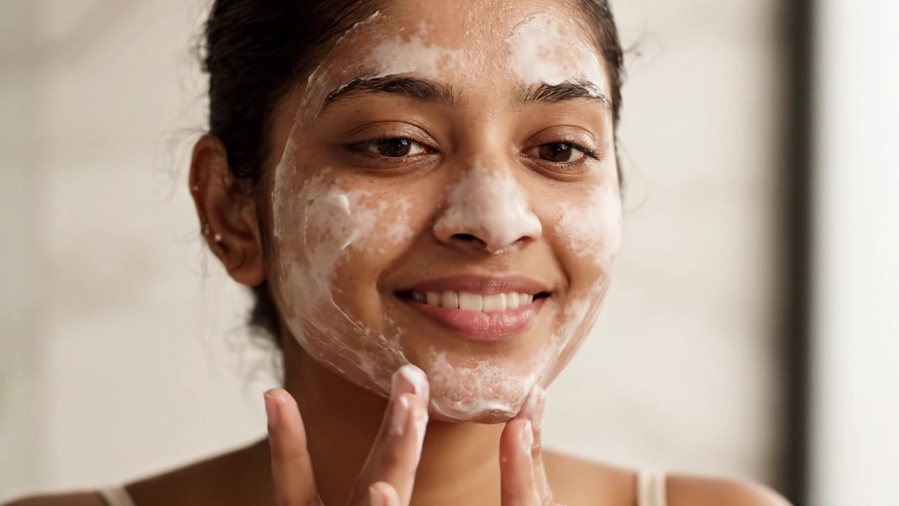 A Young Woman Engaged in a Facial Cleansing Routine, Applying Skincare Products with Care and Enjoyment, Highlighting Self-Care and Beauty Practices in a Calm Environment