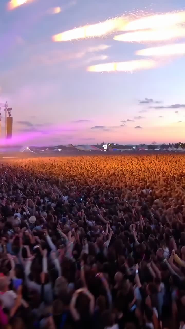 Luftvideo af en pulserende koncertmængde ved solnedgang, der fanger scenen og den livlige atmosfære