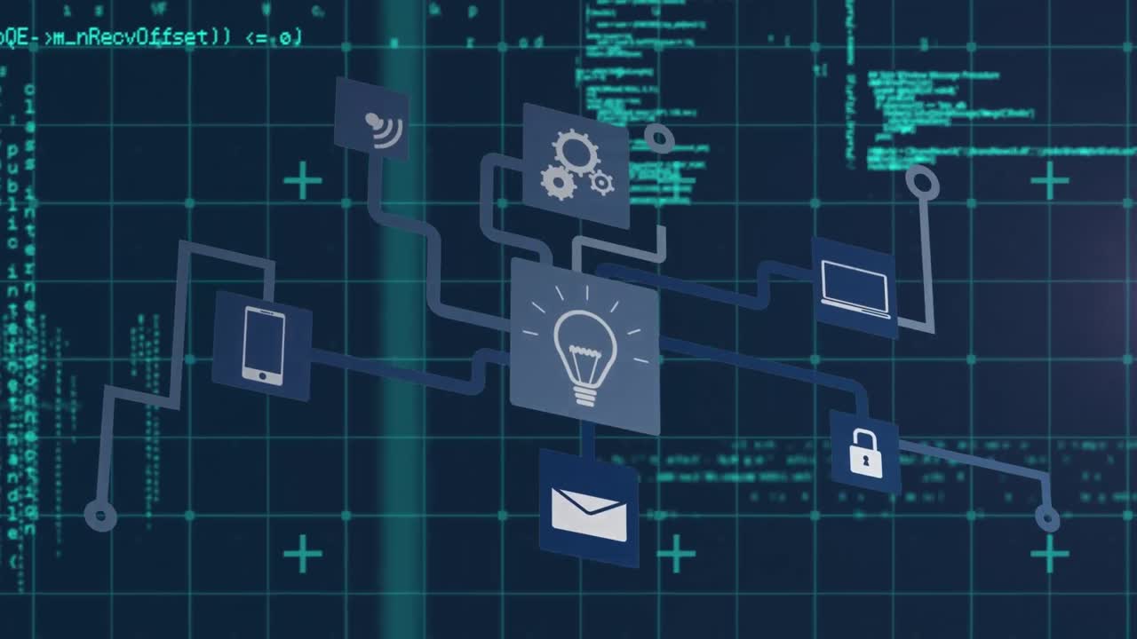animation eines netzwerks von ikonen und datenverarbeitung auf schwarzem hintergrund