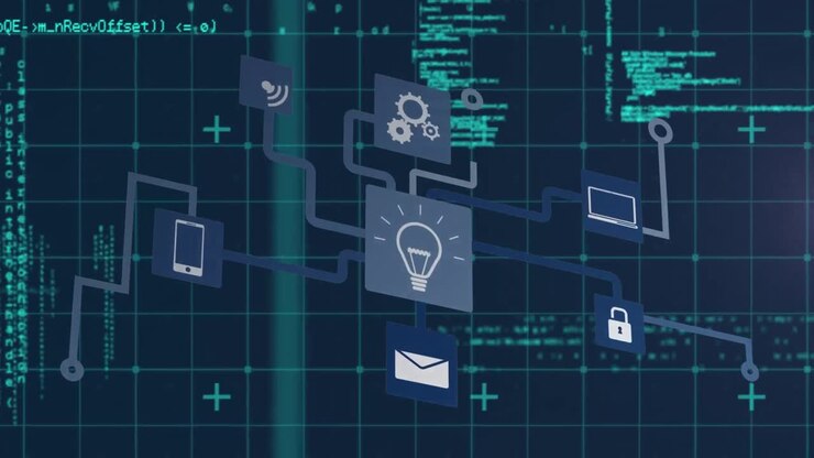 Animation of network of icons and data processing on black background