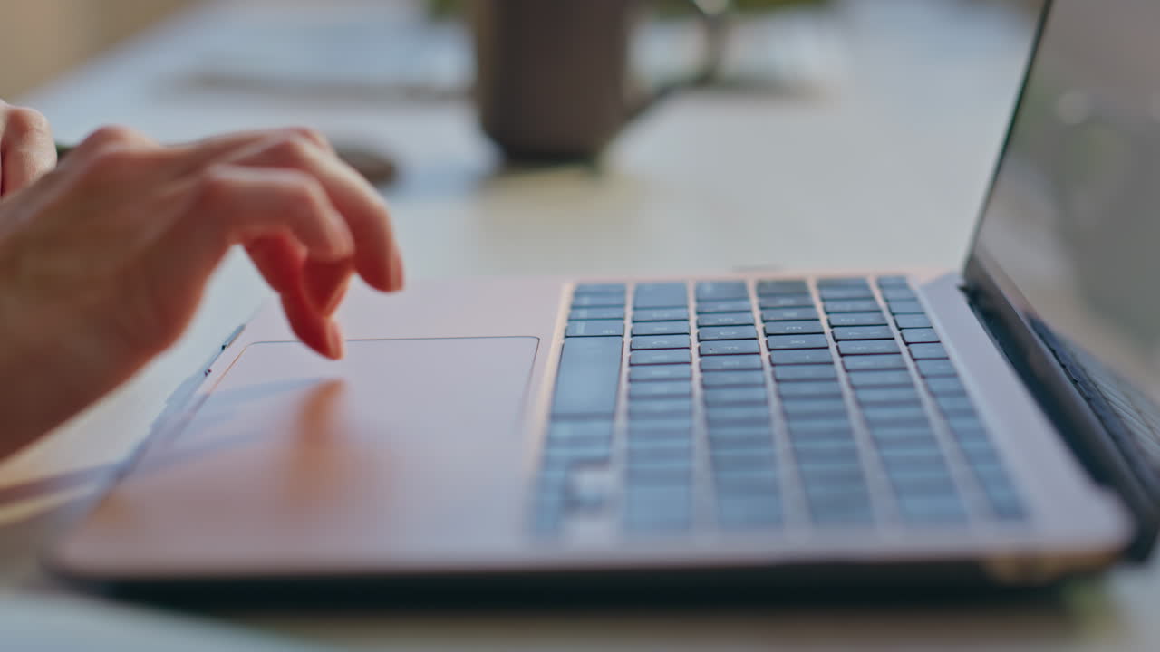 Closeup student hands texting pc in office. Journalist make research computer