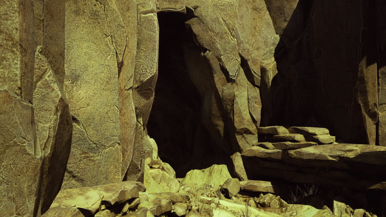 Exploration of an ancient cave amidst rugged rocky terrain at dusk