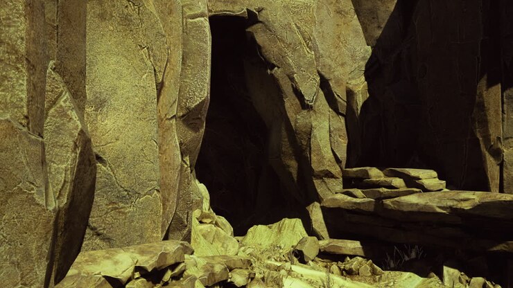Exploration of an ancient cave amidst rugged rocky terrain at dusk