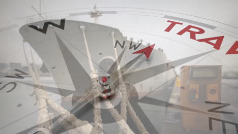 animation of compass with arrow pointing to travel text over ship in harbour