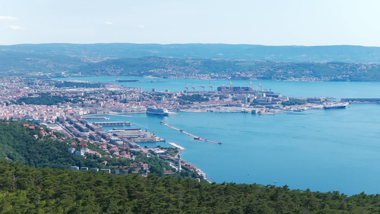 Wide aerial establishing shot of Trieste city, port, and harbor on Adriatic Sea, viewed from lush green hill on sunny day, Italy