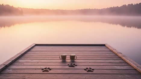 a tranquil sunrise over a misty lake: two coffee cups on a wooden dock with paw prints, creating a serene and inviting atmosphere for relaxation and reflection