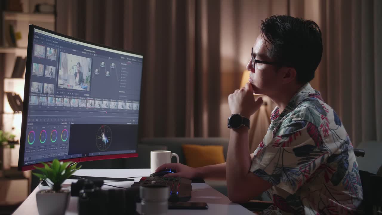 hombre trabajando en software de edición de video por la noche