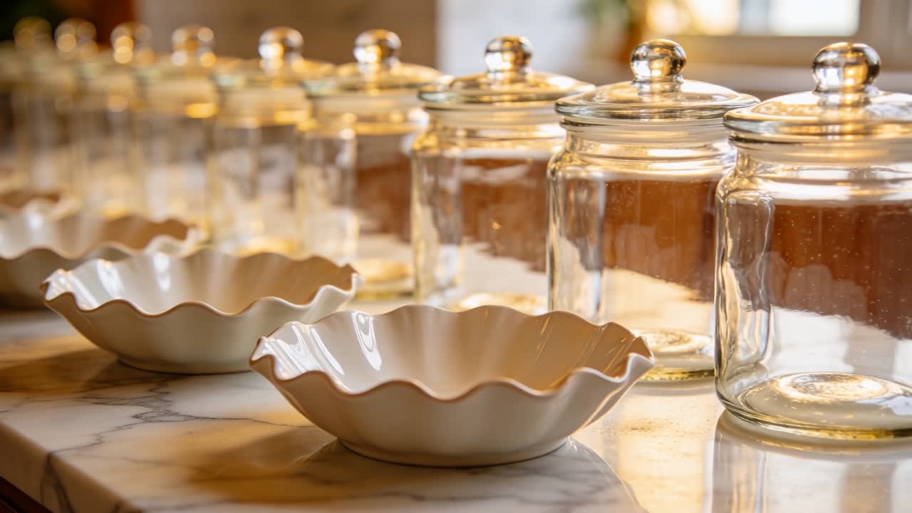 Panning camera sliding right over kitchen counter, revealing white scalloped bowls and glass jars