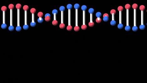 Animation-of-spinning-dna-strand-and-moving-kaleidoscopic-shapes-over-black-background