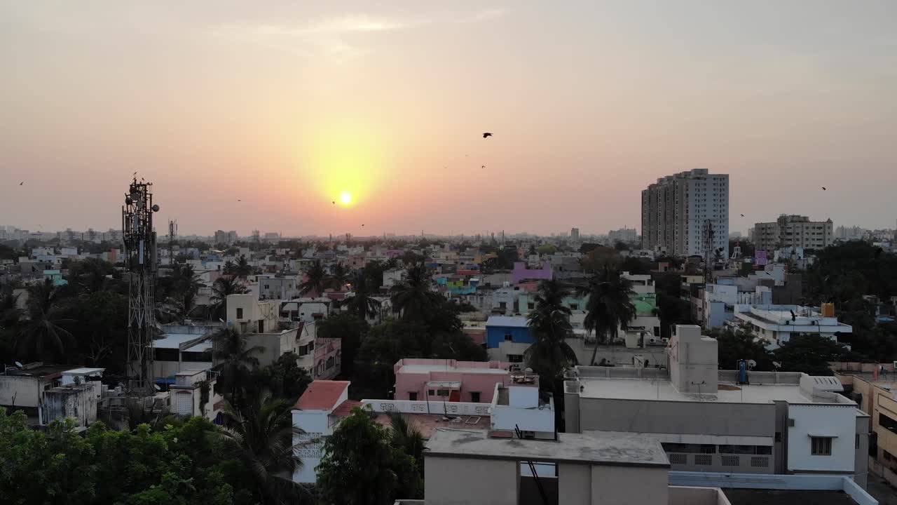 Aerial Shot of Sunrise in Chennai City. Chennai also is known as Madras is the capital of the Indian state of Tamil Nadu India.