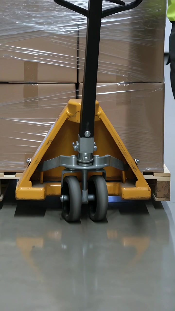 Video verticale: Spingendo un transpallet, lavoratore che entra e sposta un carico imballato lungo il corridoio, con gilet e stivali.