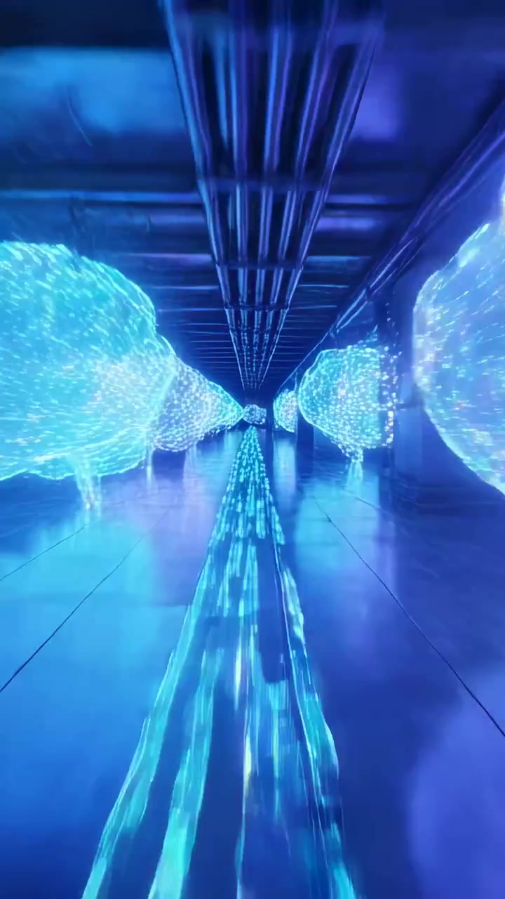 Video vertical: Cámara en movimiento mostrando una corriente cian trenzada que avanza rápidamente hacia el final del pasillo, con nodos luminosos.