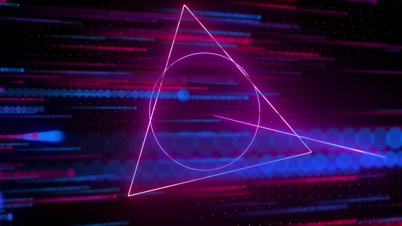 Futuristic interface glowing neon circle rotating on starfield with square, beam and glitch lines