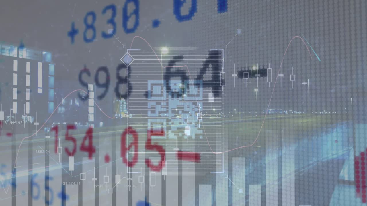 도시 풍경에서 qr 코드 및 금융 데이터 처리의 애니메이션