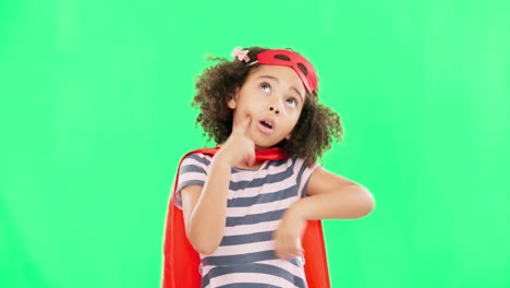 thinking, superhero and child on green screen