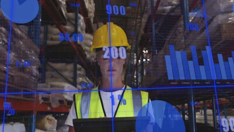 Animation-of-data-processing-over-caucasian-female-worker-using-digital-tablet-at-warehouse
