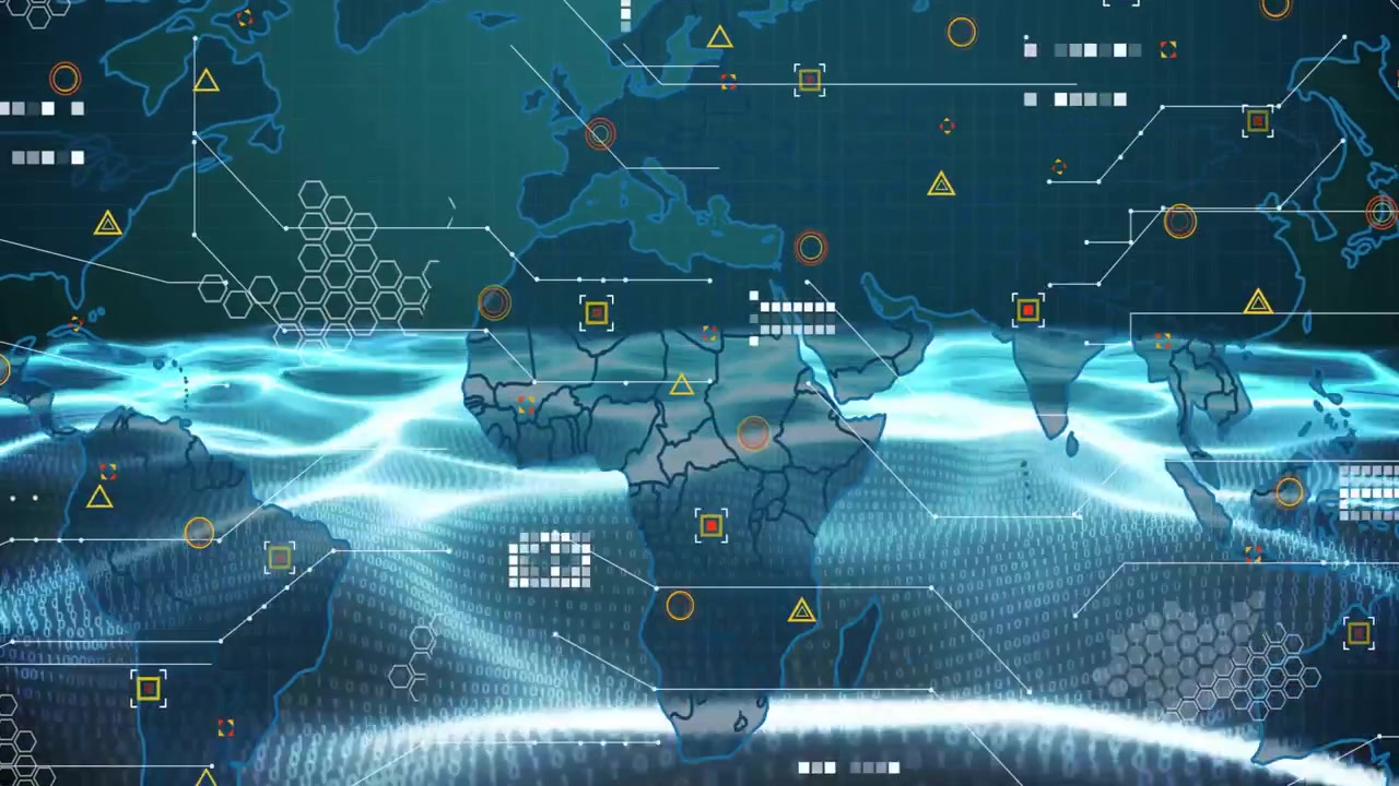 Opening wave grid sweeping lower half outlining world map and overlaying data markers for insights