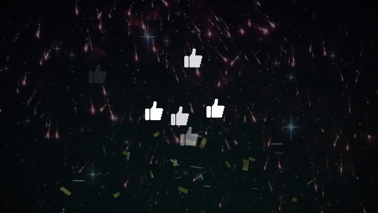Animation of media icons and confetti on black background
