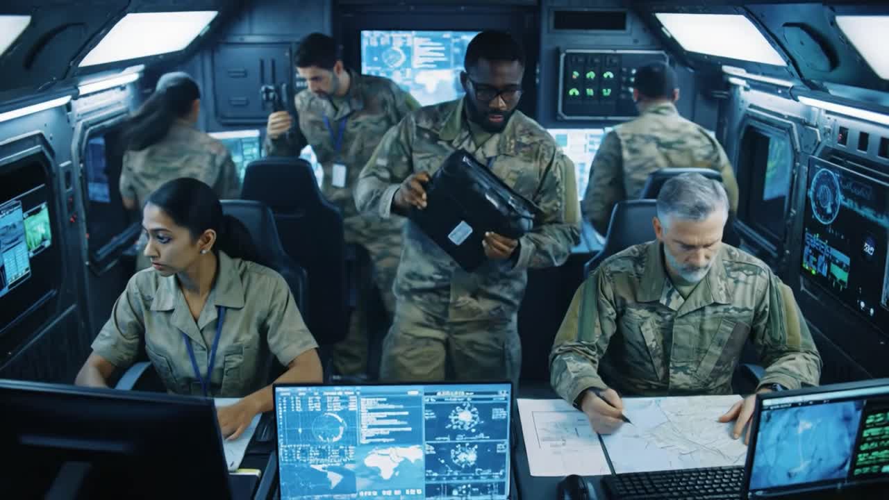 In a modern control room, military personnel engage in strategic planning and communication, utilizing advanced technology.