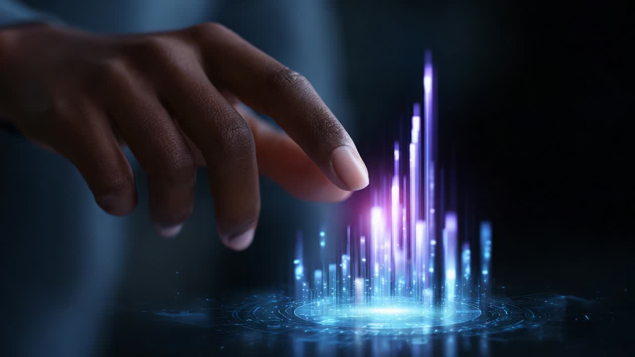 A human hand interacts with vibrant digital data visualizations, showcasing an array of luminous bars that signify advanced technology and connectivity in a futuristic digital environment