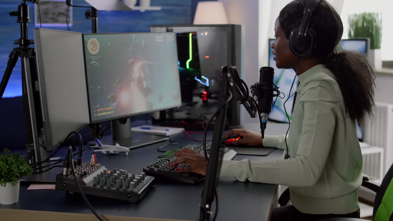 Pro african streamer losing space shooter videogame at live competition