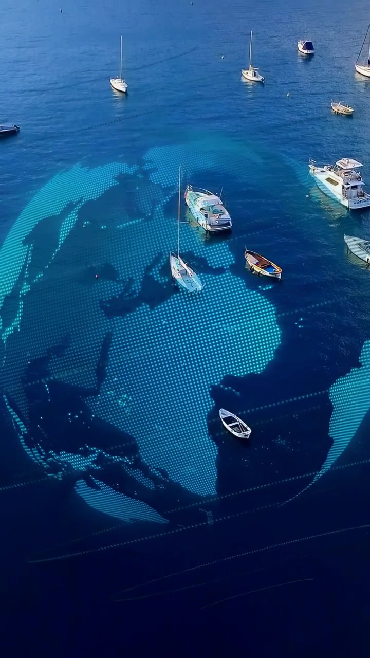 Vertical video: On start teal dotted globe rotating, revealing lands, mapping boats over bay