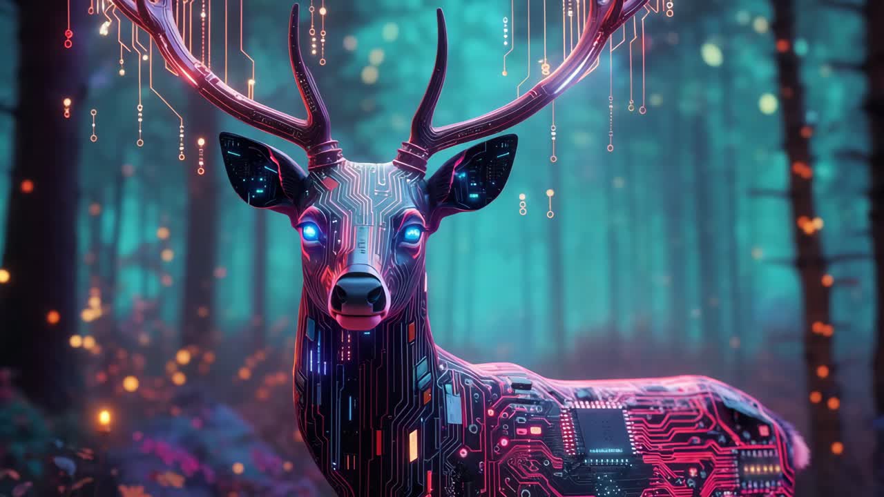 cervo cyberpunk in una foresta magica