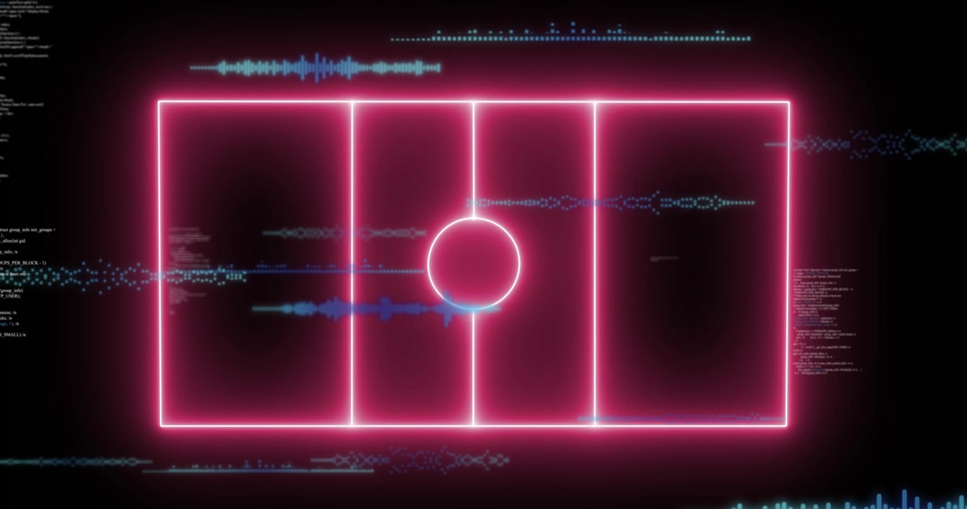 Animation of computer graphic 3d neon soccer field over data processing on digital interface