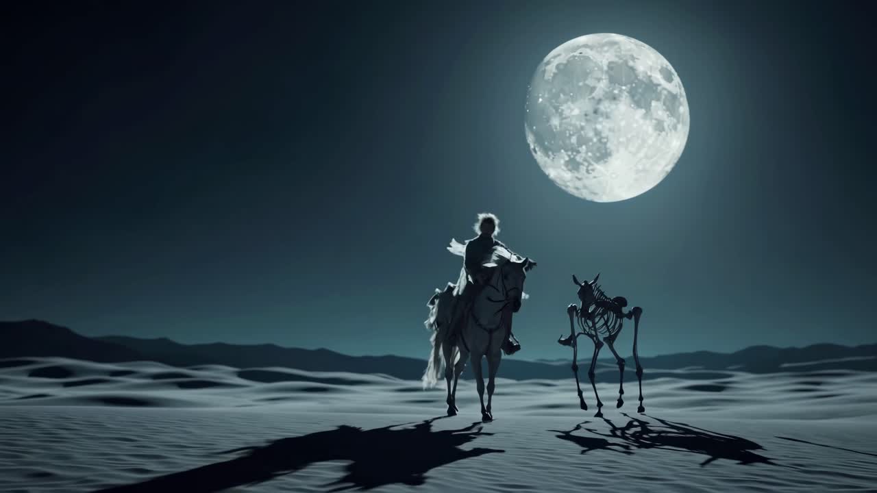 Man on Horseback at Night in the Desert with a Skeleton Horse