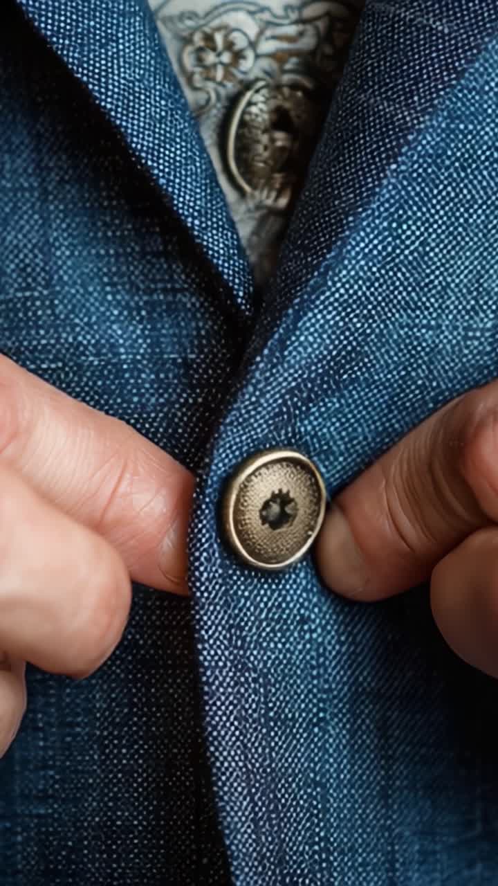 Pandangan Dekat Tangan Mengancingkan Jaket Biru Bergaya, Menangkap Esensi Perhatian terhadap Detail dalam Aksesori Fesyen yang Disesuaikan