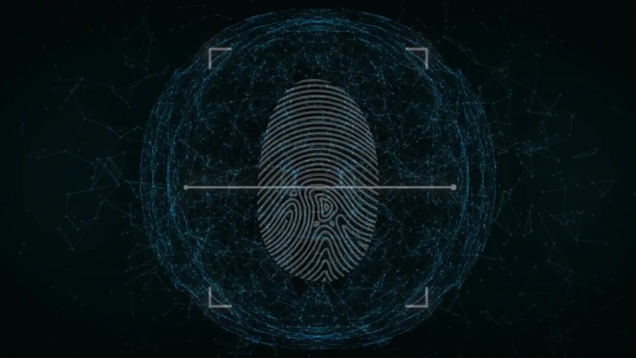 Globo a rete pulsante che rivela un'impronta digitale, con un reticolo che appare e un raggio che scansiona i rilievi per la sicurezza.