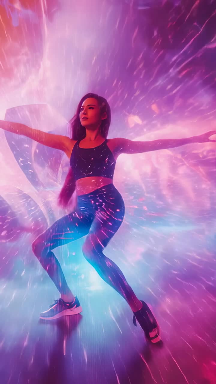 Vertical video: Emerging Asian athlete squatting then standing upright in studio, nebula backdrop