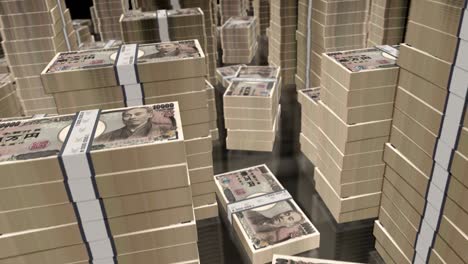 vuelo en 3d sobre el dinero del yen japonés paquetes de billetes animación de bucle