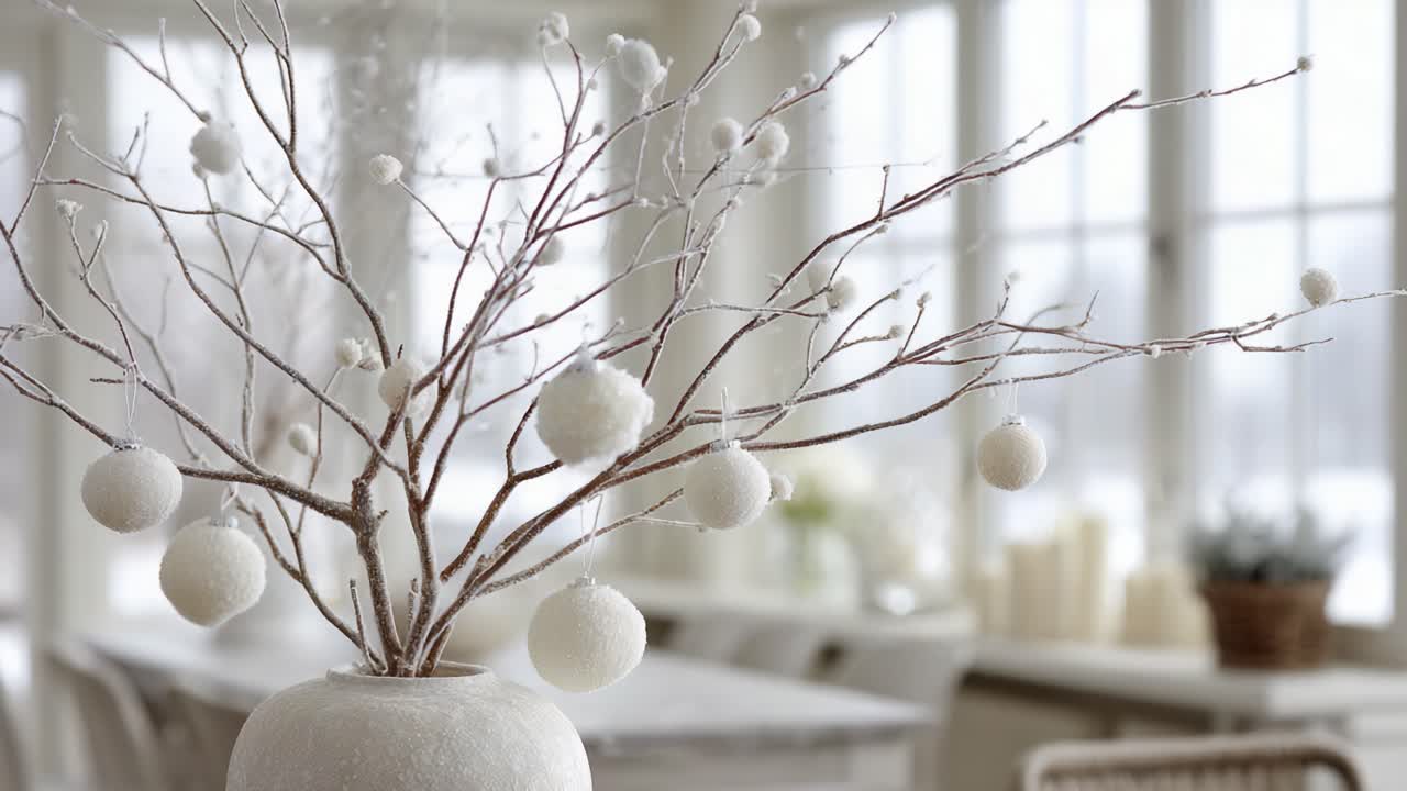 A Beautiful Winter Arrangement Featuring Soft White Decorated Branches with Delicate Snow-Like Orbs Against a Bright, Airy Background