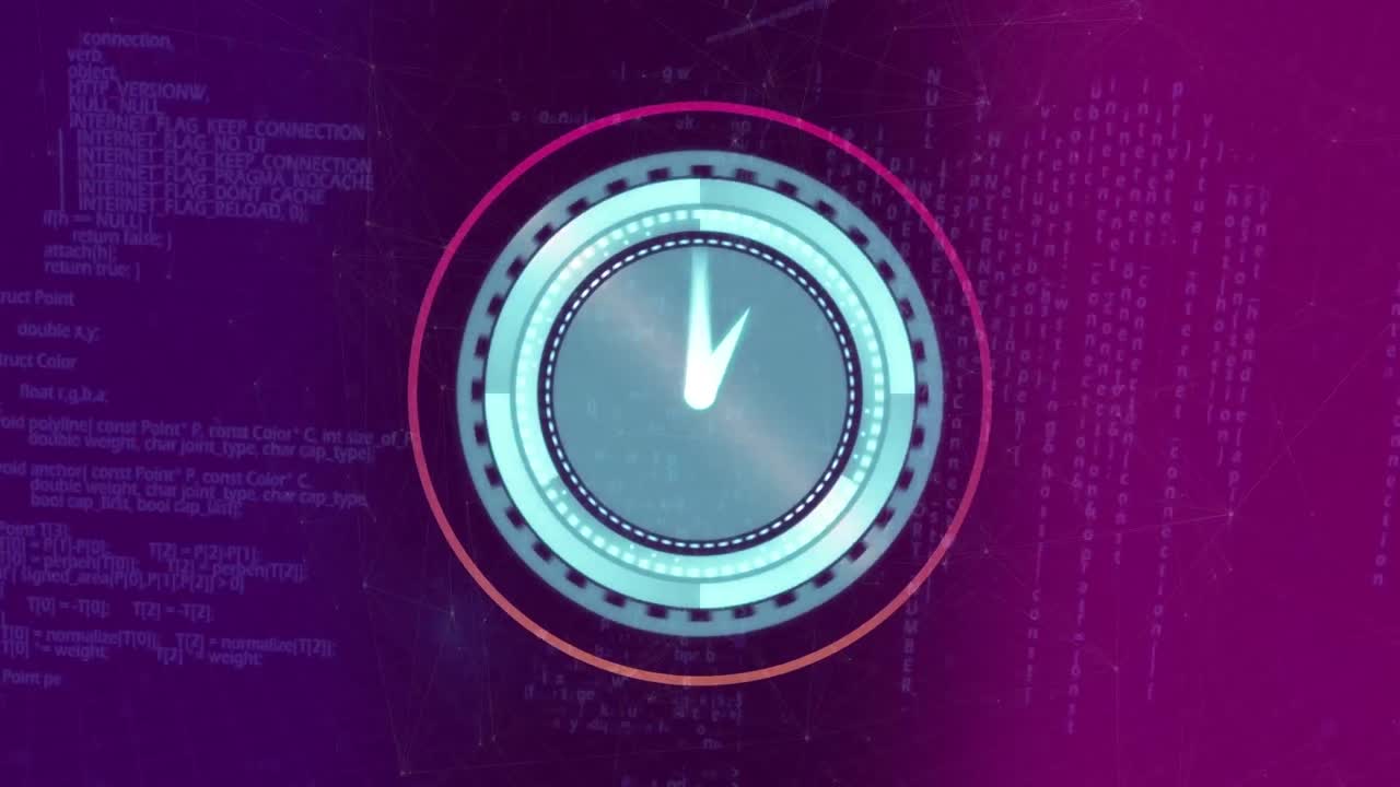 animación del reloj y el procesamiento de datos sobre un fondo oscuro
