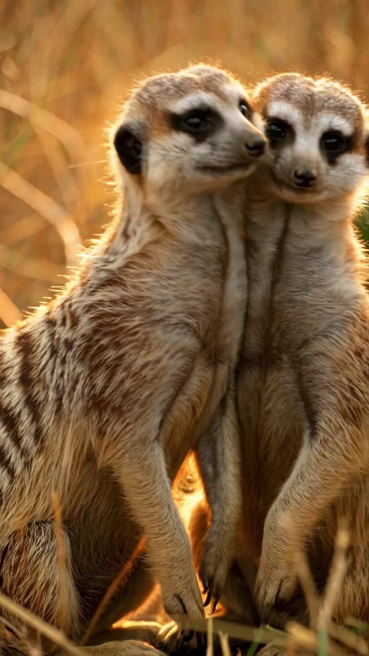 Close-up of two meerkats standing together, captured at eye level. The warm lighting creates a cozy
