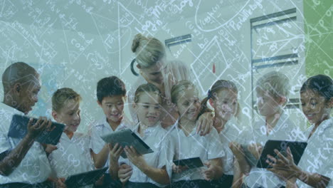 animation of school children using tablets over mathematical equations and grid