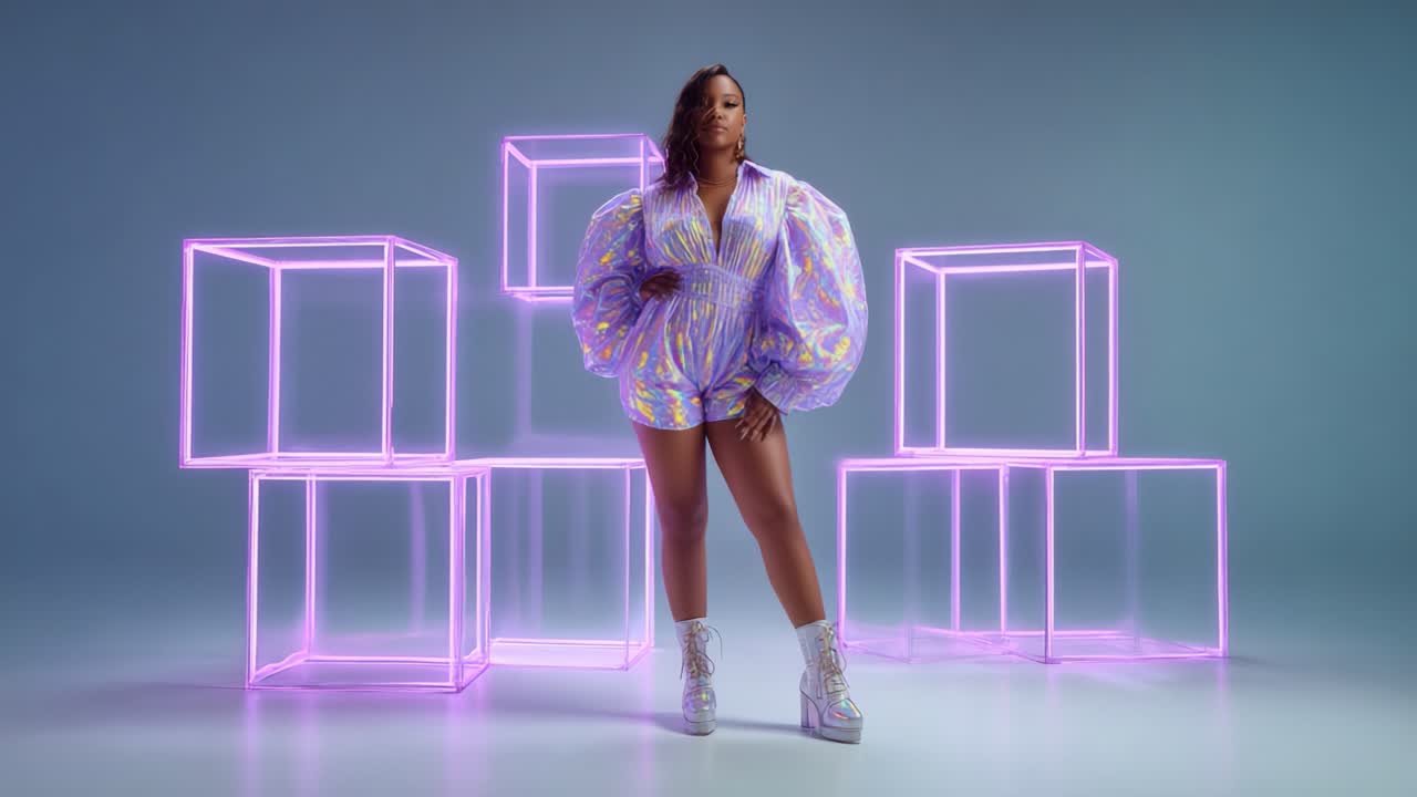 A vibrant fashion display featuring a confident model posing elegantly amidst glowing geometric shapes, showcasing a striking outfit and unique style that captivates attention