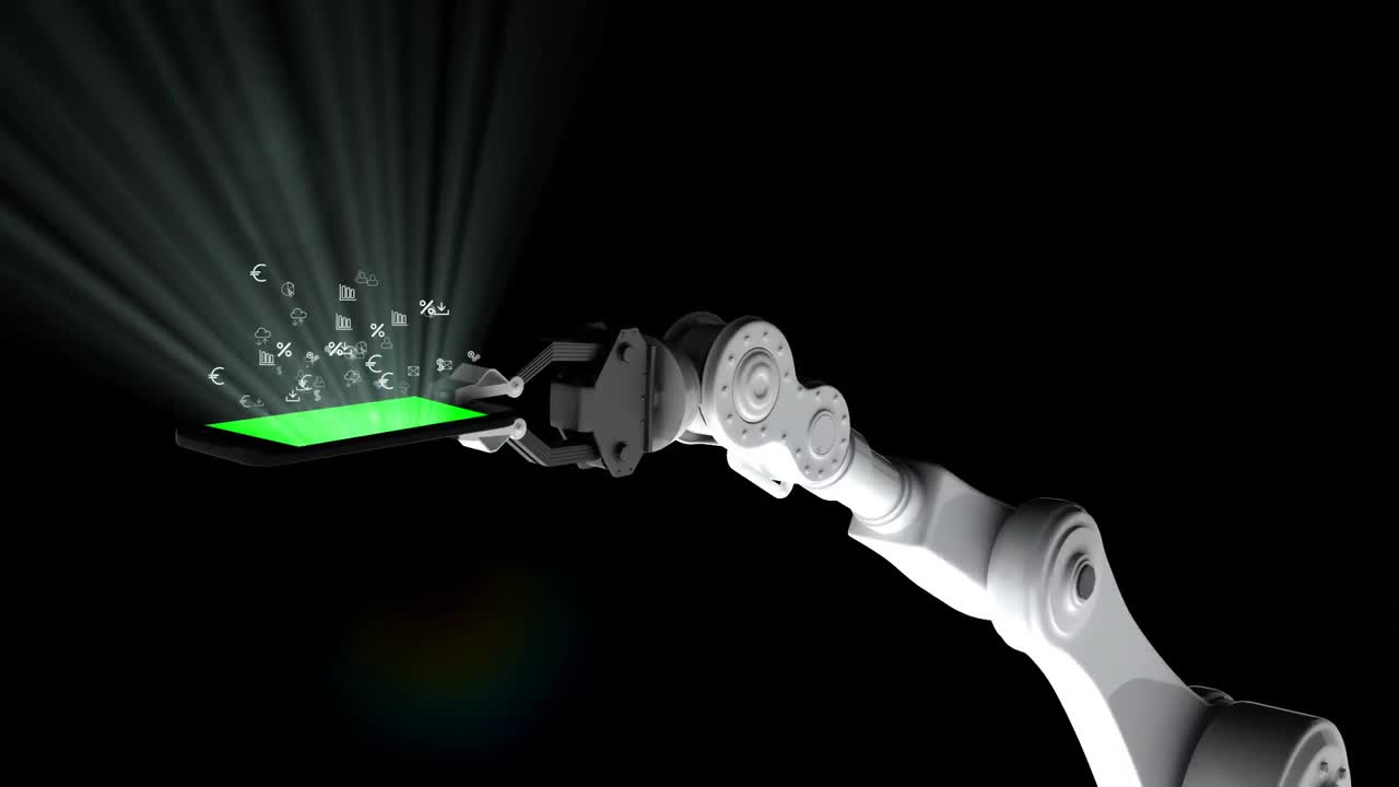 video generado digitalmente de un brazo robótico sosteniendo una tableta digital con un símbolo matemático que se eleva