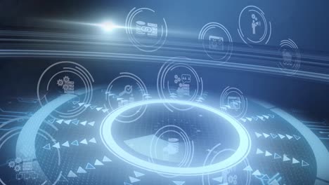 Animation-of-network-of-digital-icons,-scope-scanning-and-data-processing