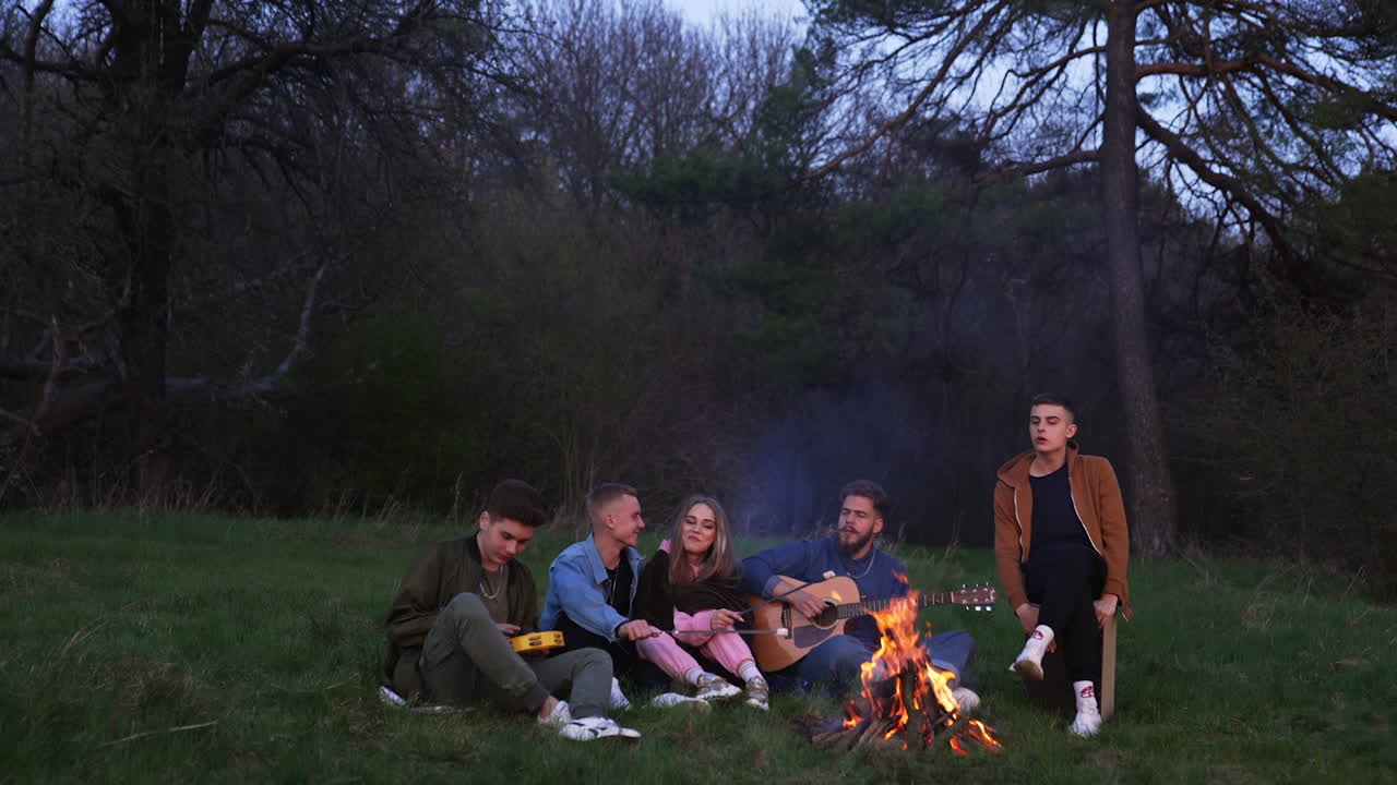 Friends Playing Music Around Campfire in Forest