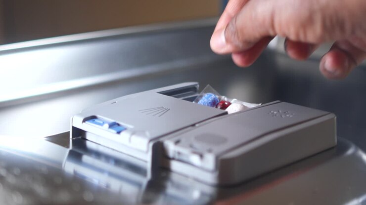 Closeup of a Hand Adding Dishwasher Detergent Pod