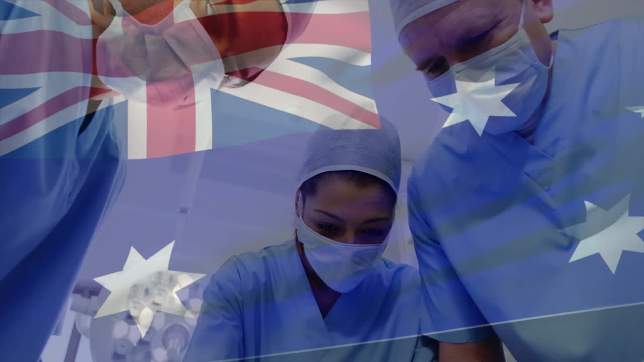 Animation of flag of australia over diverse surgeons during surgery