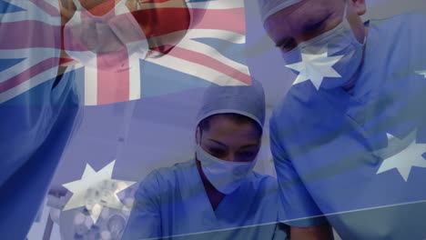 animation of flag of australia over diverse surgeons during surgery